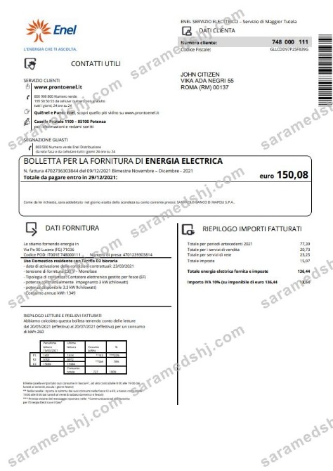 Italy Enel electricity utility bill template in Word and PDF format